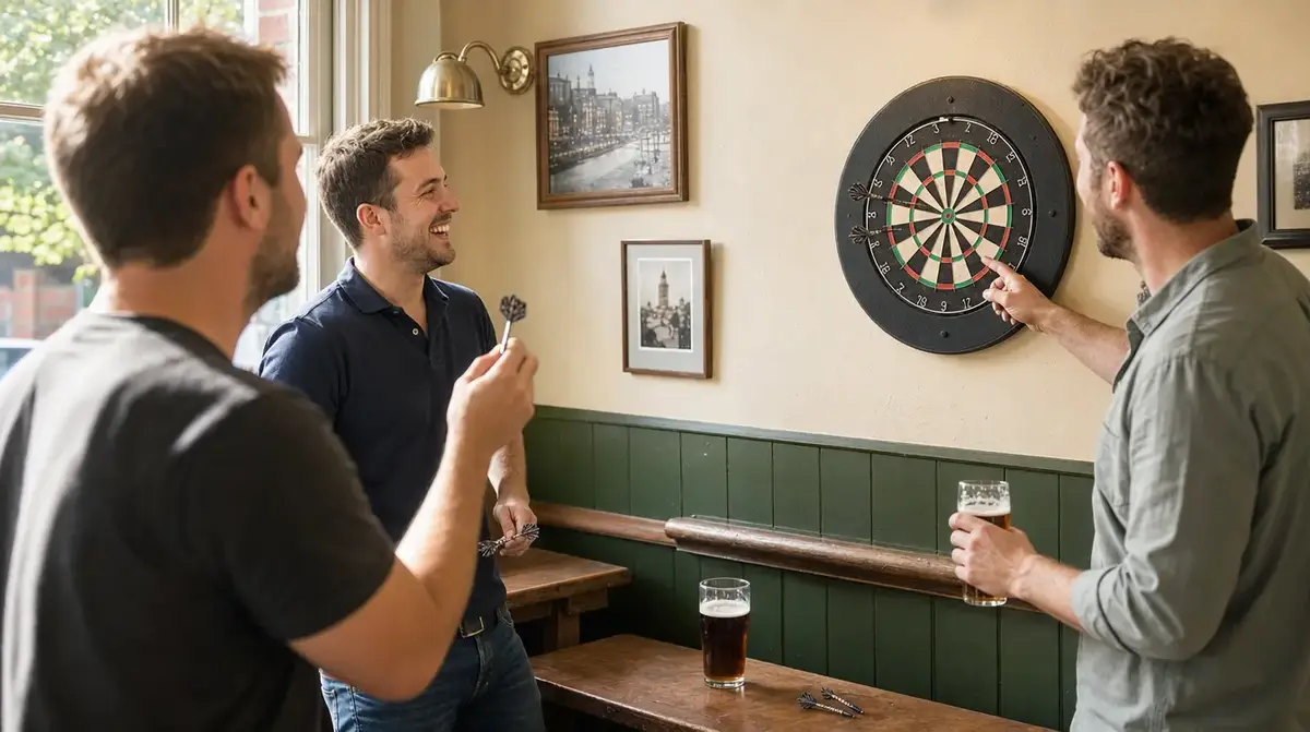 Friends playing darts in a pub
