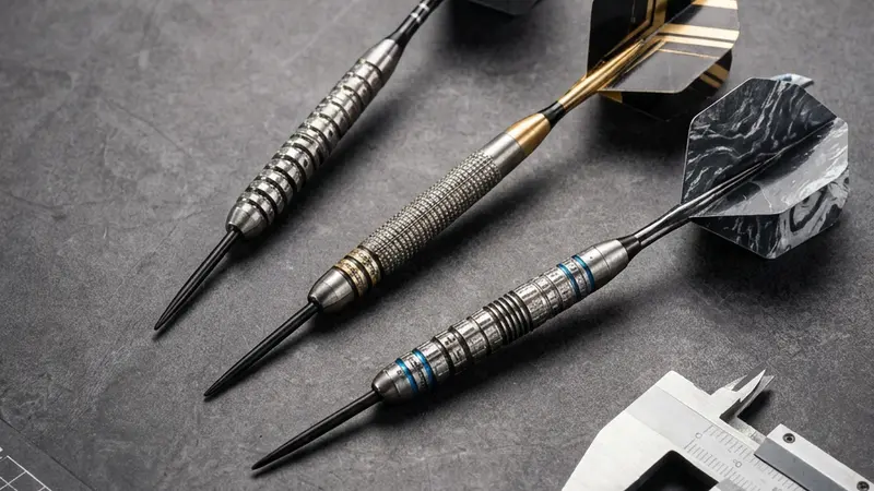 Steel tip darts next to a caliper